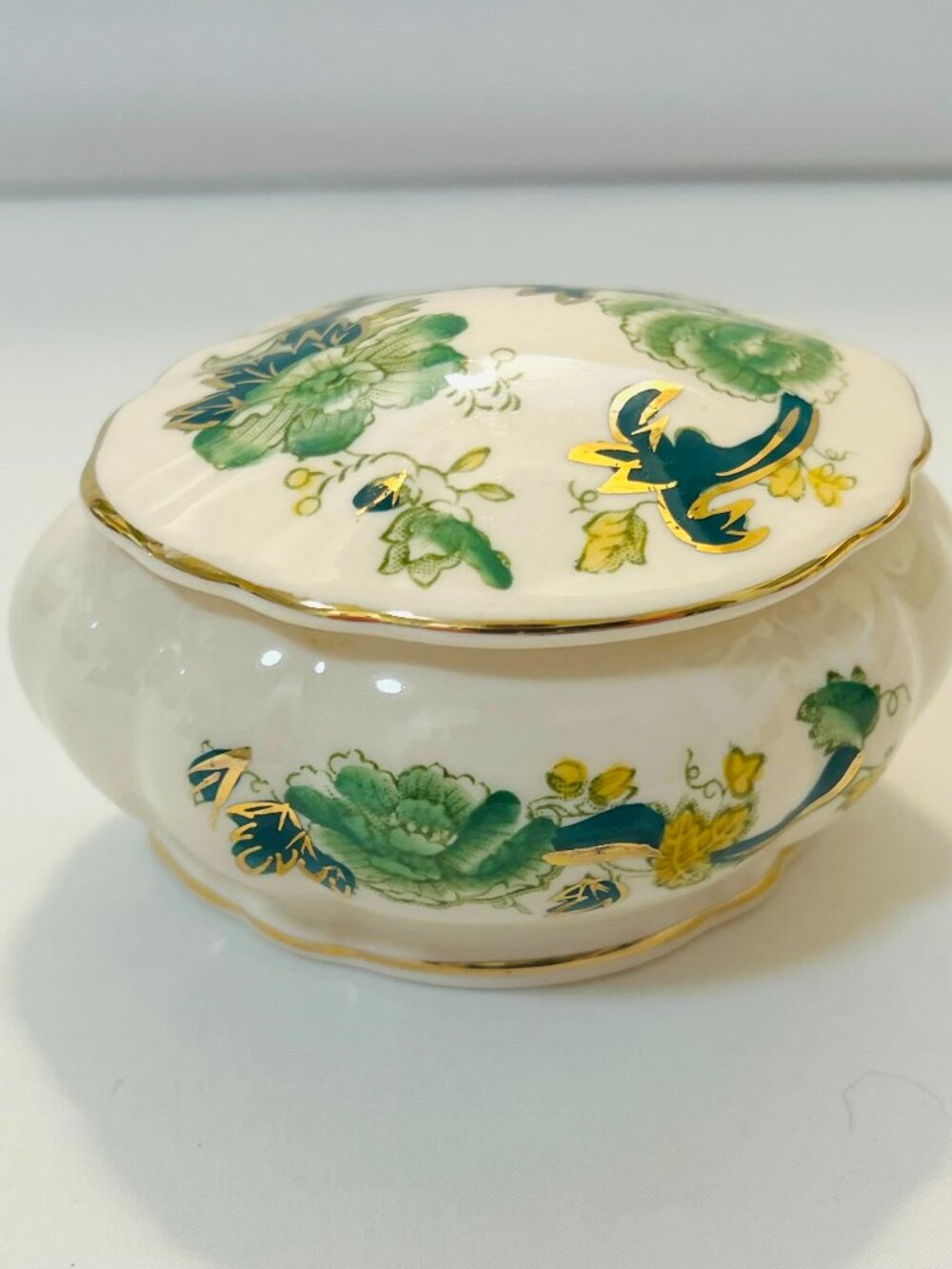 Vintage Mason's Ironstone Chartreuse Trinket Dish with Lid - Green/Cream/Gold